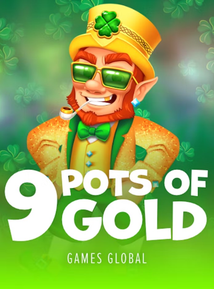 A cheerful leprechaun with red hair and sunglasses, dressed in a sparkling orange suit and a yellow hat adorned with a green shamrock, stands against a green background. The title "9 Pots of Gold" is prominently displayed.