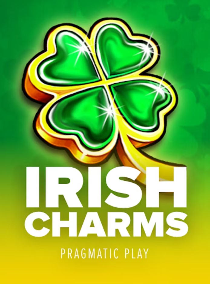 A sparkling green four-leaf clover outlined in gold is displayed against a vibrant green-to-yellow gradient background. The title Irish Charms is written in bold white text below.