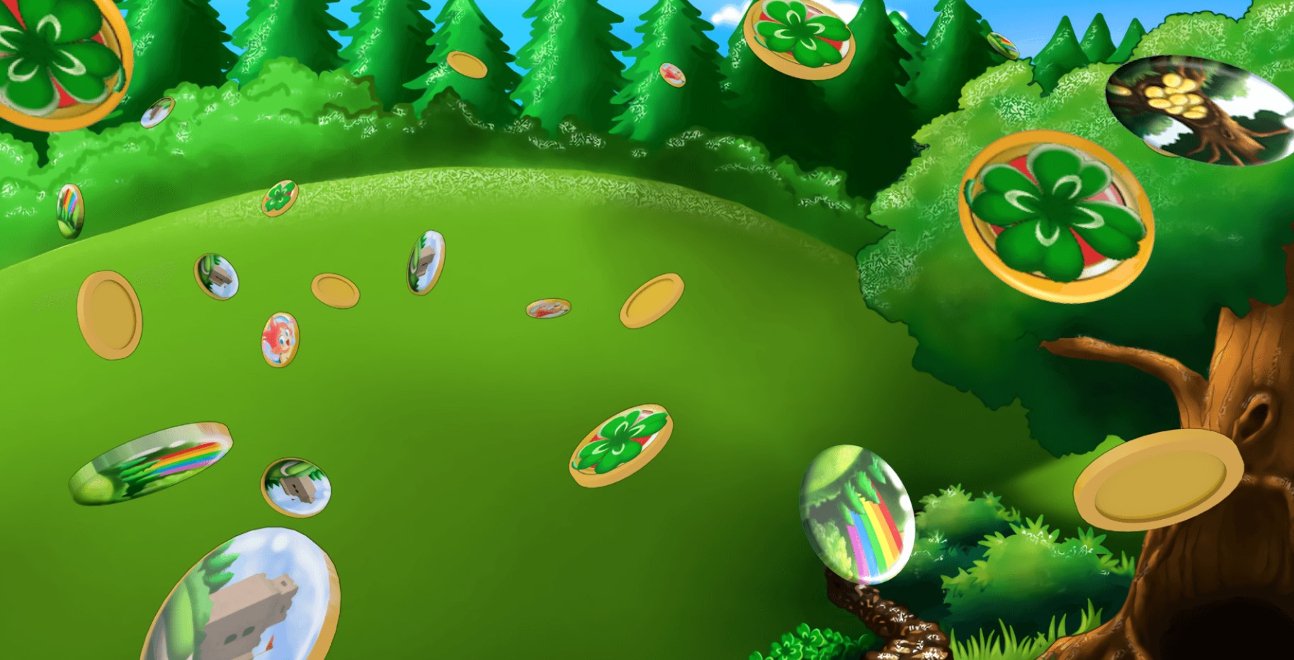 Illustration of a vibrant green landscape with coins featuring clovers and other symbols floating in the air. The background includes lush trees, a sunny sky, and a whimsical design inspired by Irish themes.