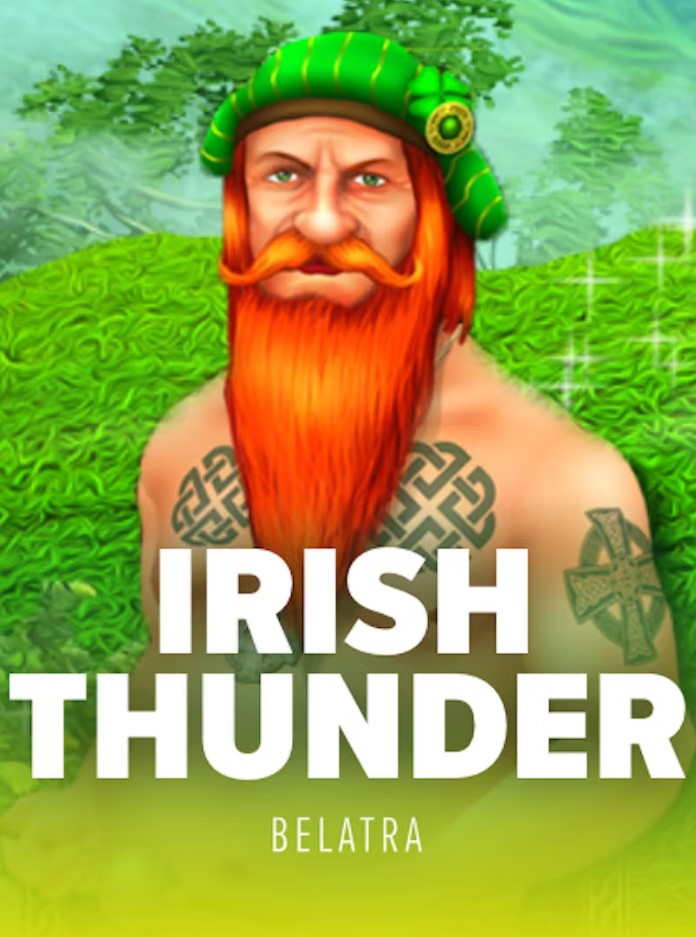 A bearded red-haired man with tattoos on his chest and a green hat stands in a lush grassy landscape. The title Irish Thunder is displayed prominently below the image.