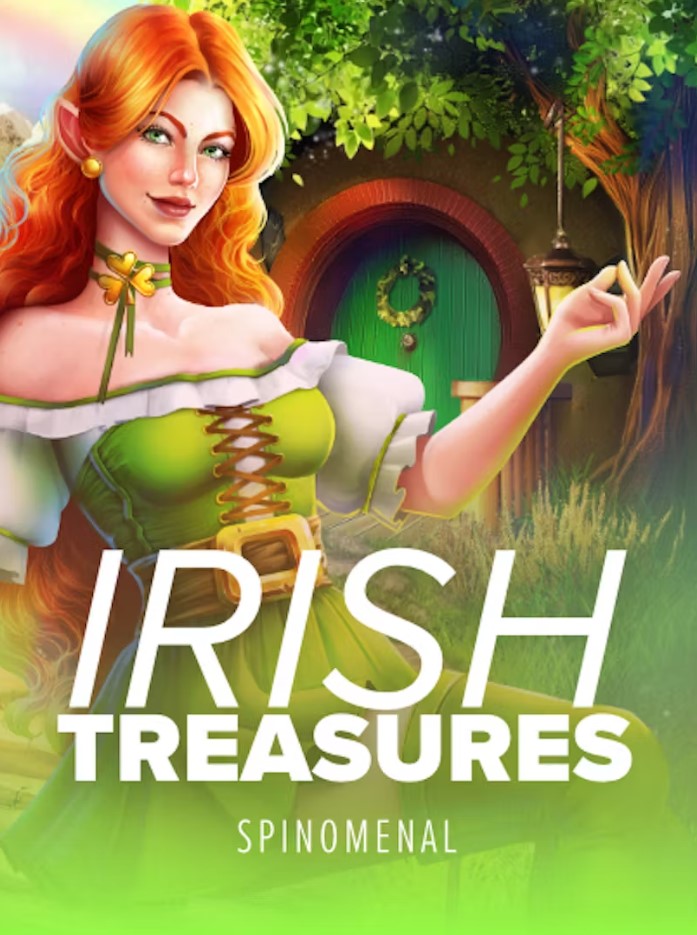 A smiling, red-haired elf-like woman in a green dress stands in front of a charming wooden door adorned with a wreath, surrounded by greenery. The title Irish Treasures appears below the image.