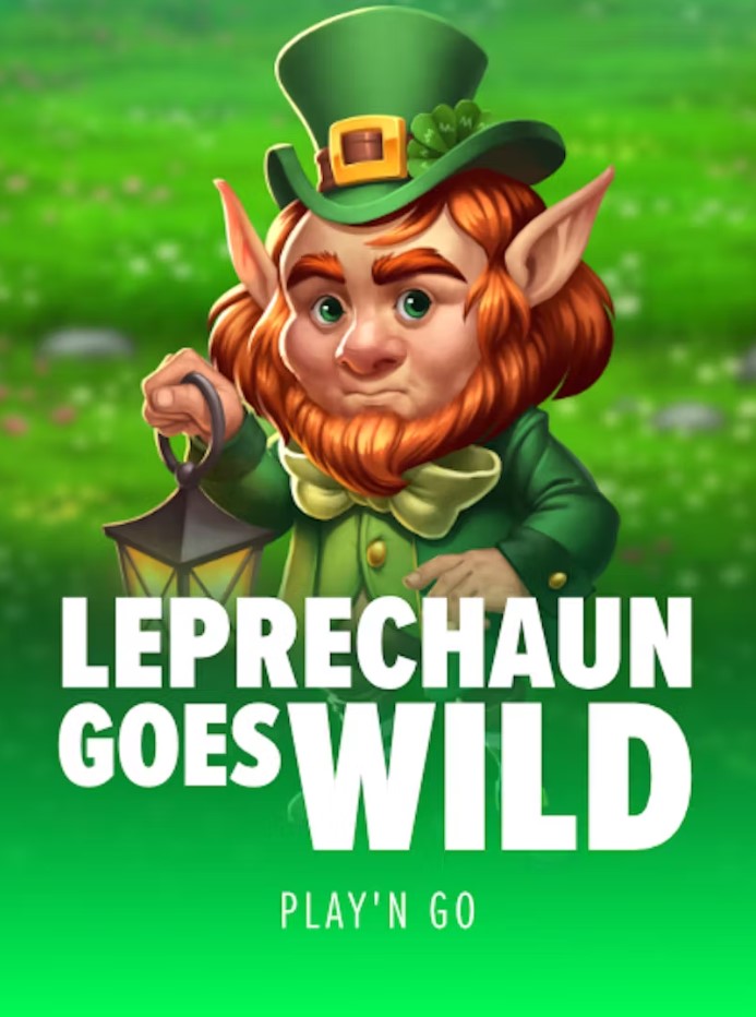 A cartoon-style leprechaun with a serious expression, wearing a green suit and hat with a shamrock, holds a lantern. The background is a grassy field with the title "Leprechaun Goes Wild" in bold letters.