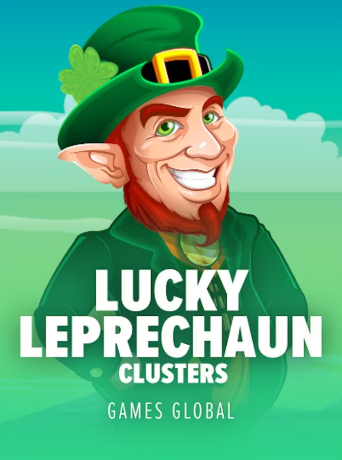 A smiling leprechaun with a mischievous grin, wearing a green hat with a shamrock, stands against a bright blue and green background. The title "Lucky Leprechaun Clusters" is centered below.