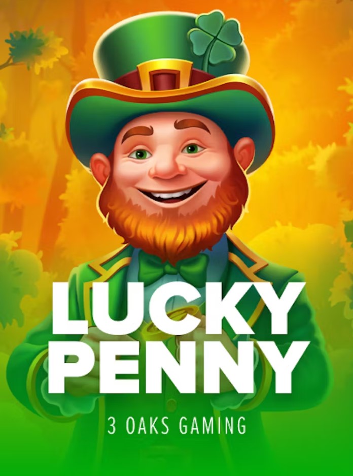 A cheerful leprechaun with a bright red beard, wearing a green suit and a tall green hat with a shamrock, stands against a golden forest background. The title Lucky Penny is written below.