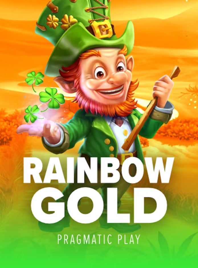 A joyful leprechaun in a green suit and hat sprinkles shamrocks with his hand, standing in a golden, sunlit landscape. The title Rainbow Gold is displayed in bold text.