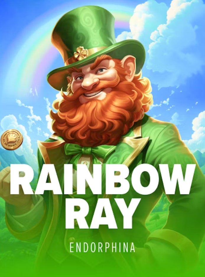 A robust leprechaun with a thick red beard, wearing a green suit and hat, poses confidently against a blue sky with a vibrant rainbow. The title Rainbow Ray is featured at the bottom.