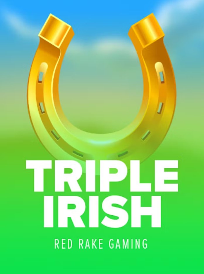 A shiny golden horseshoe is centered against a bright blue sky and green meadow background. The title Triple Irish is prominently displayed at the bottom.