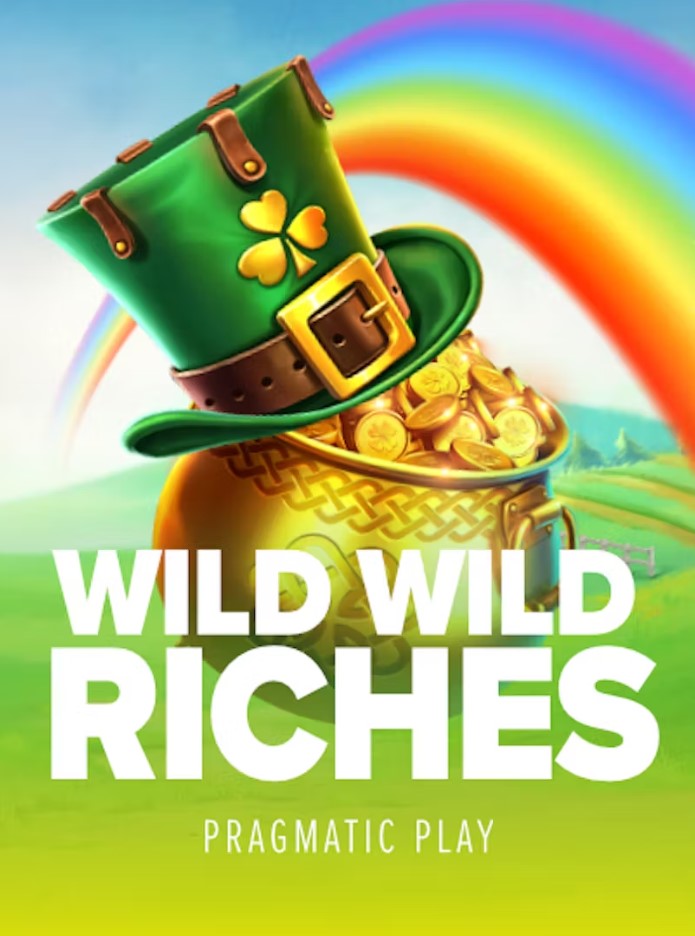 A green leprechaun hat with a shamrock sits atop a pot filled with gold coins, surrounded by a vibrant rainbow. The title "Wild Wild Riches" is written in bold white text below the image.